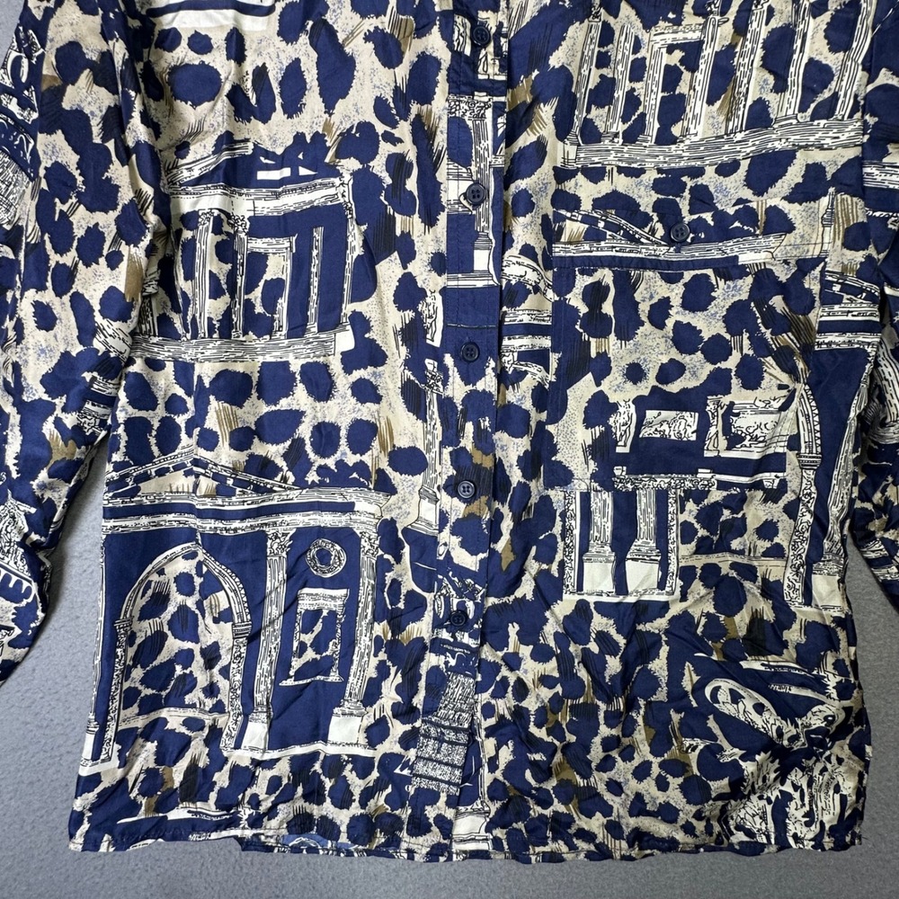 Metro Express 100% Silk Blouse Architectural Animal Print Blue Cream Vintage S - Picture 3 of 9